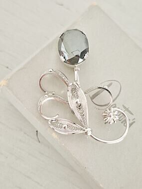 Vintage Sterling Silver Sorrento Designer Hematite Flower Filigree Brooch Pin
